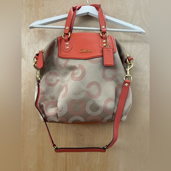Coach Ashley Peach Khaki Dotted Op Art Signature Satchel. - Picture 4 of 16